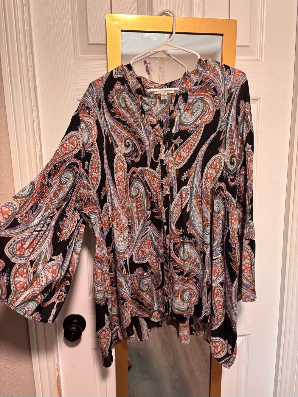 Spense Paisley Button-Front Blouse - Black with Copper and Blue